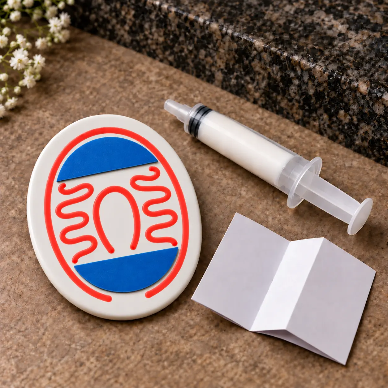 Montage-Set mit Silikonkleber und gefaltetem Anleitungskärtchen neben der Rückseite eines Porzellanbildes mit roter Markierung.