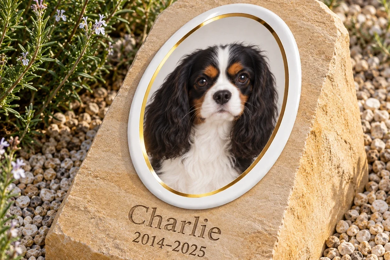 Fotoporzellan für Tiere Oval mit Goldrand – Charlie, auf einem Tiergedenkstein