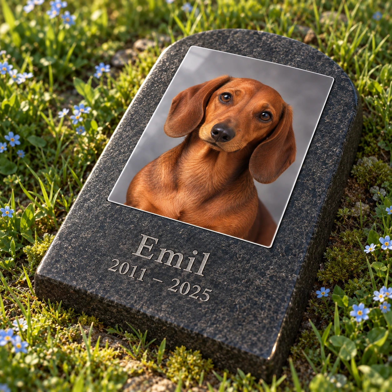 Fotoporzellan für Tiere Rechteck 1 mm – Emil, auf einem Tiergedenkstein