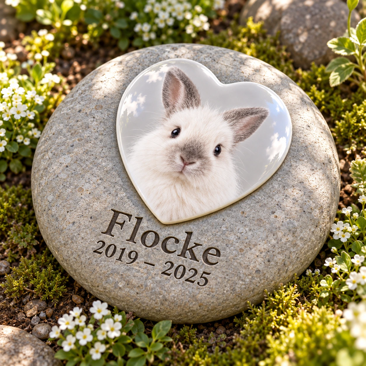 Fotoporzellan für Tiere Herz – Flocke, auf einem Tiergedenkstein