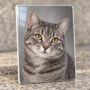 Glänzendes rechteckiges Fotoporzellan mit Katzenporträt, aufrecht auf Granit.