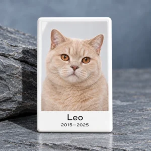 Glänzendes rechteckiges Fotoporzellan mit cremefarbener Katze Leo, 2015–2025, stehend.